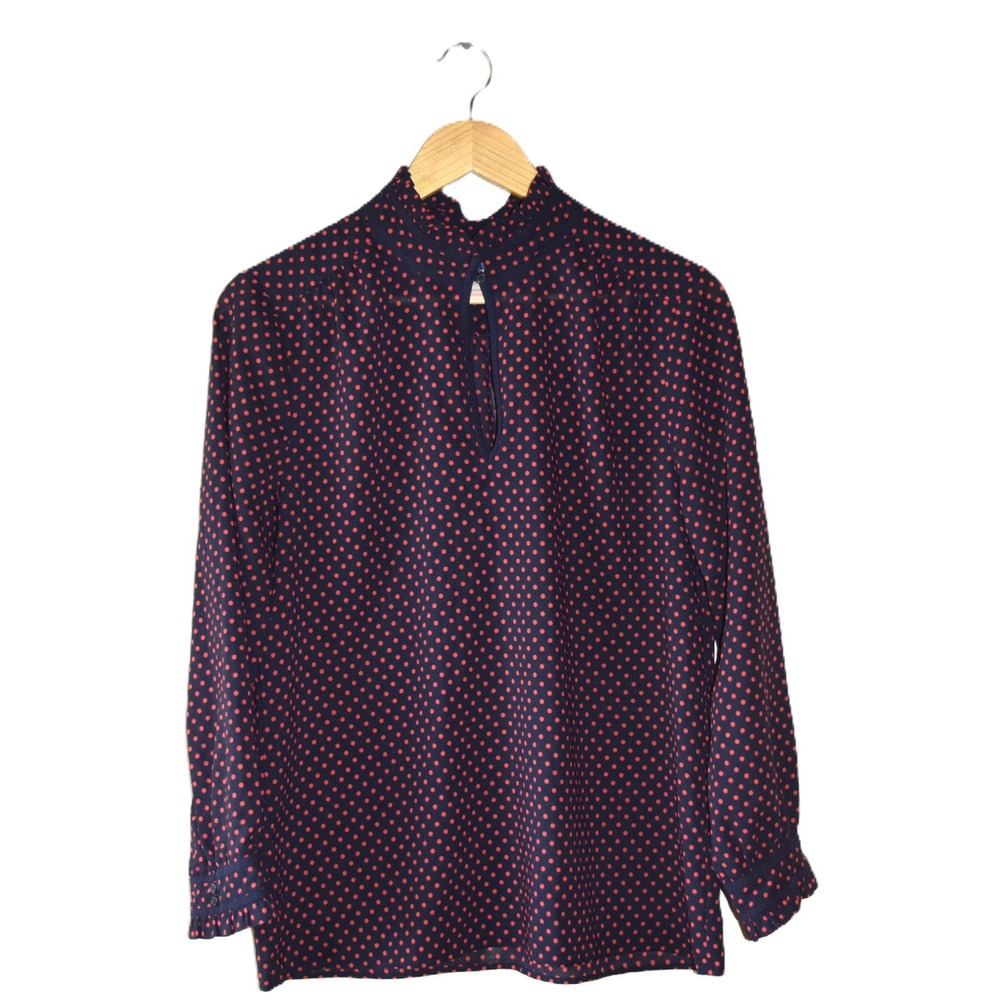 Womens Blouse Navy Red Polka Dot Ruffle Neck Sheer Fabric Preppy Keyhole